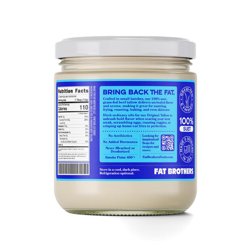 100% 2 Pack 14oz Fat Brothers Original Grass-Fed Beef Tallow, USA Made and Sourced, Suet, Jars, No Added Hormones