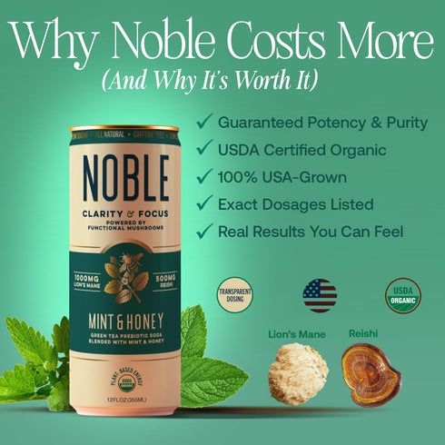 12 OZ., 12 Pack Noble Elixirs Mint & Honey Prebiotic Soda, All-Natural Nootropic Drink with USDA Organic Lions Mane