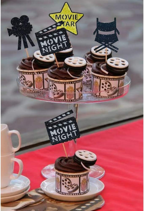 Theater Cupcake Toppers - Cake Decoration for Birthday Movie Night Party Supplies, Set of 24