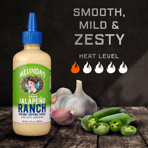 12 oz, 1 Pack Melindas Jalapeo Ranch - - Spicy Ranch Sauce, Hot Creamy Sauce With Jalapeo Peppers - Perfect for Wings