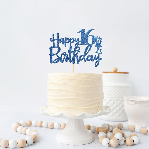 Royal Blue Glitter Happy 16th Birthday Cake Topper, Cheers to 16 Years Party Supplies, 16th Birthday Decorations