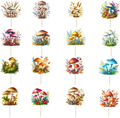 Sleyberoy Mushroom Cake Toppers - 48 Pcs Primitive Forest Theme Party Supplies