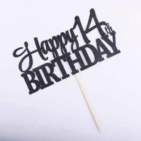 PALASASA Black Glitter Happy 14th Birthday Cake Topper | 14 Anniversary Party Decoration