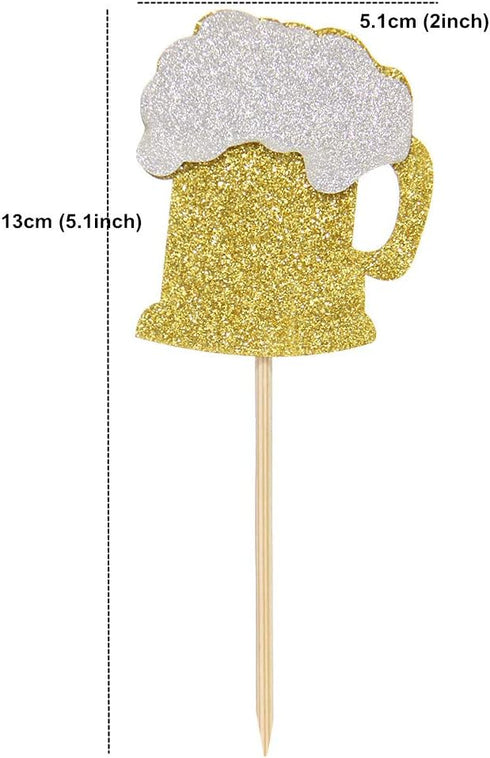 24 PCS Gold Glitter Beer Mug Cupcake Toppers, Food Cake Picks for Party Decor