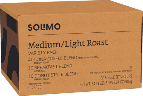 Amazon Brand - Solimo Pack 2.0 100 Count Variety Light and Medium Roast Coffee Pods (Kona, Breakfast, Donut)