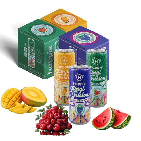 Happie Fungi Fusion Variety Pack Sparkling Adaptogen Drink with Lions Mane, Cordyceps