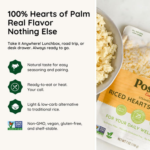 (7oz, 6 Pack) POSHI Riced Heart Of Palm | All Natural, Fully Cooked, Ready to Eat, Non-GMO, Low Calorie + Carb, Gluten