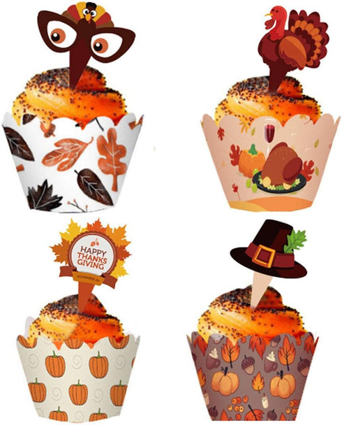 48 Pieces Thanksgiving Cupcake Toppers and Wrappers Kit for Autumn Cake Decoration on Thanksgiving Day