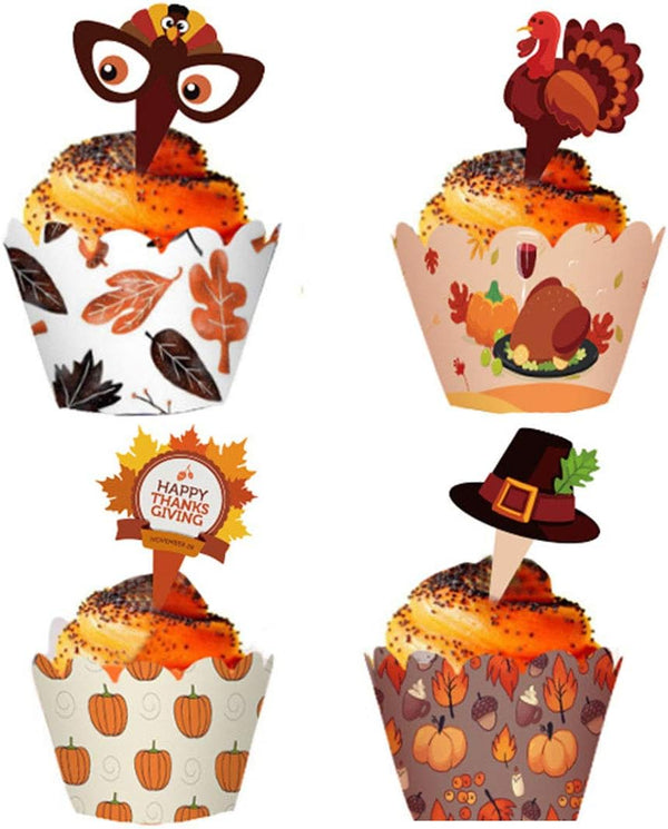 48 Pieces Thanksgiving Cupcake Toppers and Wrappers Kit for Autumn Cake Decoration on Thanksgiving Day