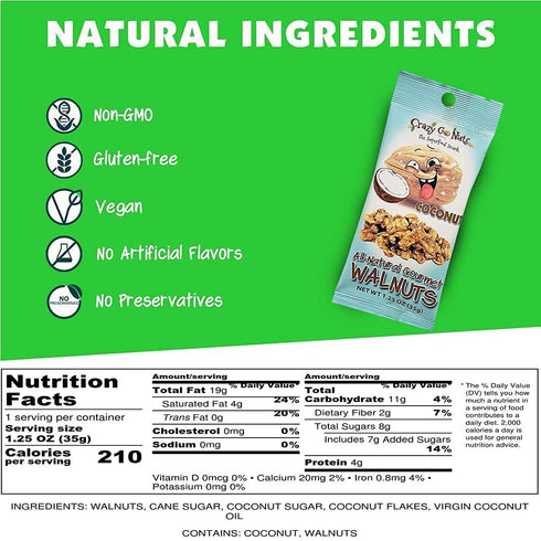3 1.25 oz (12-Pack) Crazy Go Nuts Walnuts - Maple, Banana, Coconut, Oatmeal Cookie, Healthy Snacks, Vegan, Gluten Free