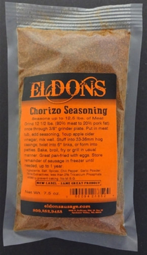 Eldons Chorizo Fresh Sausage Seasoning 7.5 Oz. Bag Seasons 12.5 Lbs. #885