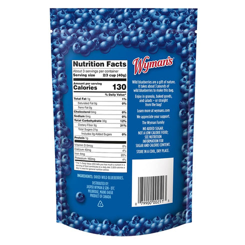 Wyman's Whole Dried Wild Blueberries, 100% Wild Blueberries, No Sugar Added, Resealable Bag - 4.5oz