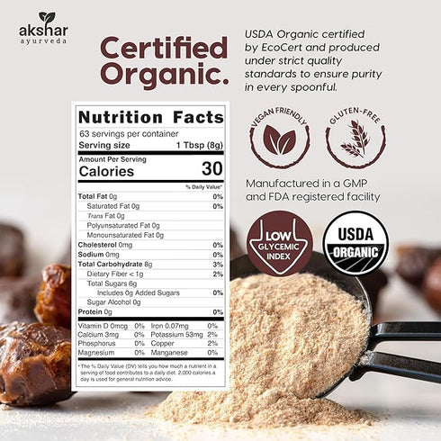 100% (1.1 lb (500gm 2 pack)) akshar ayurveda - Organic Date Sugar, Raw Organic Sugar Alternative for Baking