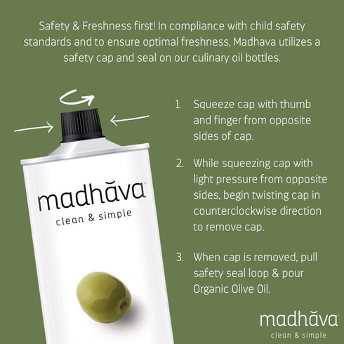 1L 100% 33.8 Oz Madhava Organic Olive Oil, Tin, Pure, Single Source, Traceable, Cold Extracted, Non-Gmo, No Pesticides