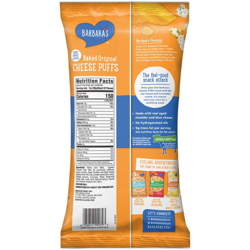 5.5 OZ Barbara's Baked Original Cheese Puffs, Cheese Puff Kids Snack Made With Real Aged Cheese, Gluten Free Snack, Bag