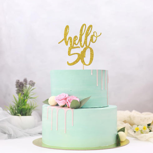 Hello 50 Cake Topper - 50th Birthday / Anniversary Party Decoration Supplies (Gold, Hello 50)