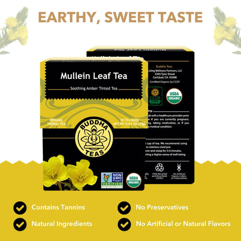 100% 18 (Pack 1) Buddha Teas - Mullein Leaf - Organic Herbal Tea - Single Ingredient - Warm Amber Hue - Mild, Earthy
