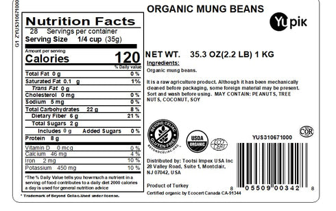 2.2 lb (35.3 oz), Yupik Organic Mung Beans, USDA Certified, Kosher, Gluten-Free, Dried Legumes, Excellent Source