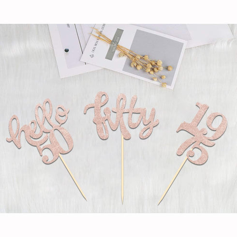 24 Pcs Rose Gold Glitter Cupcake Toppers for 50th Birthday Party Celebrations and Decorations