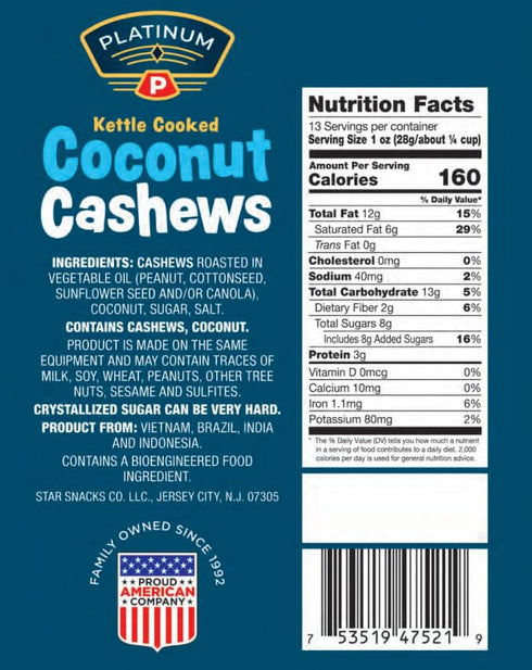 Platinum 13 oz Kettle Cooked Coconut Cashews - Plant Based Protein, Fiber, Healthy Snack - Wholesome Nutritional Boost