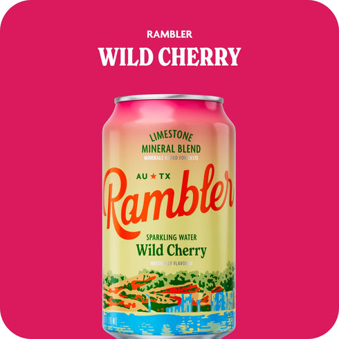 12-Ounce 12-Pack AUTX RAMBLER Sparkling Water, Texas Limestone Mineral Blend, Wild Cherry Flavor, Cans