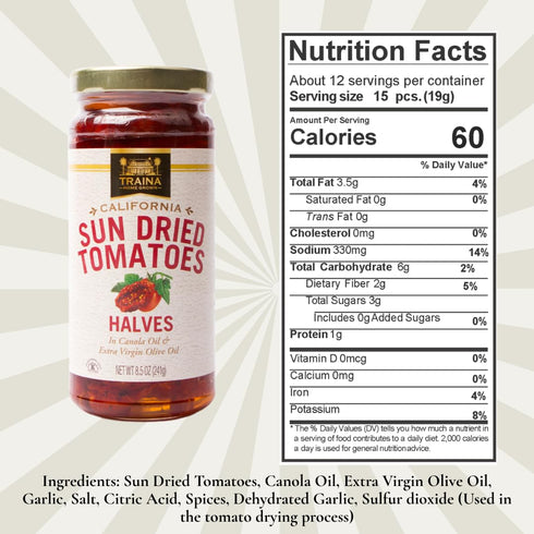 2 (8.5 oz Traina Home Grown California Sun Dried Tomatoes in Oil Halves, Marinated with Italian Herbs & Olive Oil