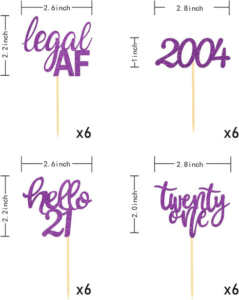 24 Pcs Glitter Cupcake Toppers for Celebrating 21st Birthday Party Decorations (Purple Glitter)