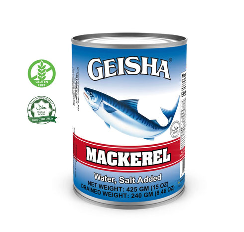 15OZ. (Pack 12), GEISHA Mackerel in Water of Scomber Japonicus| Halal Certified Good Source of Protien Wild Caught No