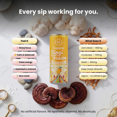 (900mg), (6 Pack) Happie Fungi Fusion Mango Mimosa Sparkling Mushroom Drink with Lion's Mane Cordyceps & Reishi