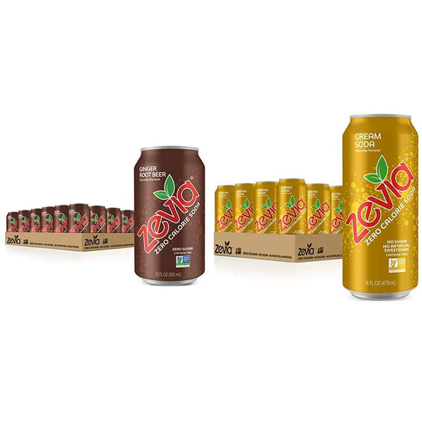 Zevia Zero Calorie Soda, Ginger Root Beer and Cream Soda, 12 and 16