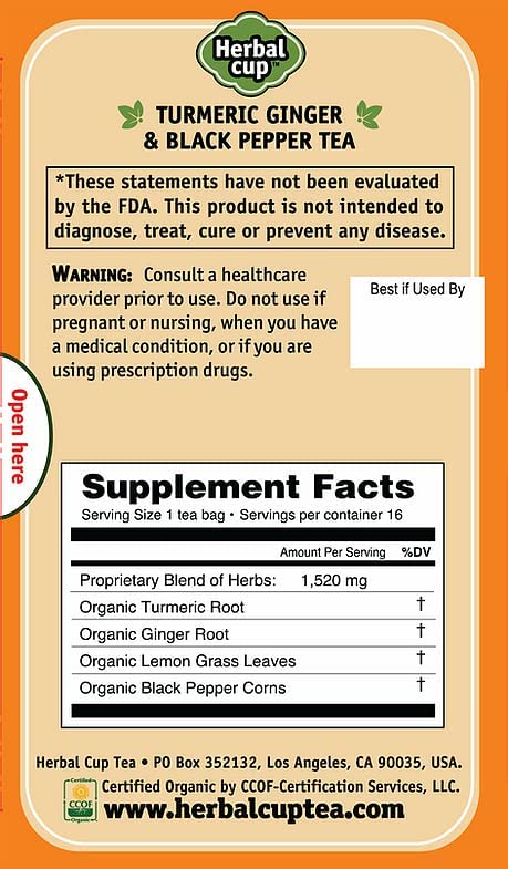 (16 Count, Pack 1) Herbal Cup Ayurveda Turmeric Tea, Organic Ginger & Black Pepper, No Caffeine Herbal Supplement