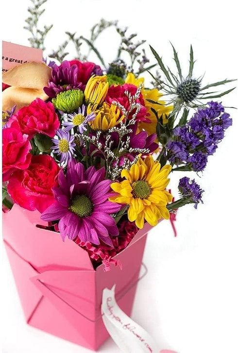 Pretty In Pink Fresh Cut Live Flowers Arranged in a Takeout Container with your Personal Message Tucked Inside a
