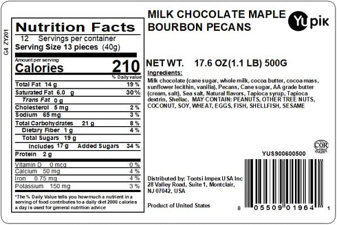 1.1 lb (17.6 oz), Yupik Milk Chocolate Maple Bourbon Pecans, GMO-Free, Kosher, Roasted Pecans, Coated in Maple Bourbon