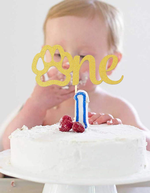 Gold Paw One Cake Topper - Golden Glitter Cardstock 1st Birthday Cake Smash Party Decoration for Baby
