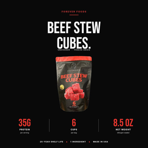 Pack 2 lbs. FOREVER FOODS Uncooked Freeze-Dried Beef Stew Cubes | Family | Equivalent