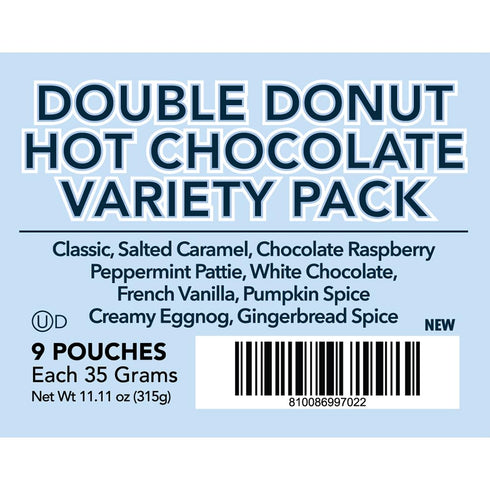 Packets Pack, 9 Count Double Donut Coffee Flavored Hot Chocolate Variety Includes Classic, Chocolate Raspberry, Salted
