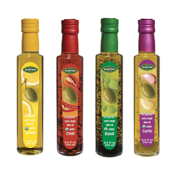 Mantova Organic Flavored Extra Virgin Olive Oil Variety Pack Includes Garlic, Basil,