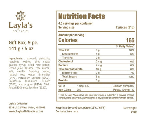 9 Laylas Delicacies Mediterranean Treats Gift Box for Ramadan Mubarak - Handmade Healthy Mixed Nutty Flavors Pastries
