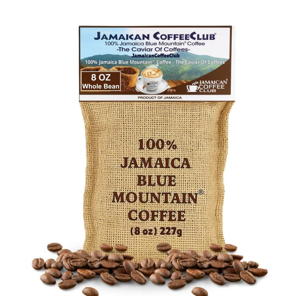 JamaicanCoffeeClub 100% Blue Mountain Whole Bean Coffee, WB 8oz Jamaican Roasted Beans,