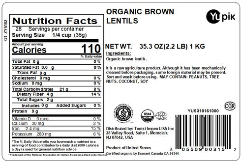 2.2 lb, (Pack 2) Yupik Organic Lentils, Brown, Non-GMO, Vegan, Gluten-Free