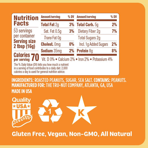 6g 90% 30oz Tru-Nut Peanut Butter Powder - of Protein, Less Fat, Ideal for Smoothies and Protein Shakes, Versatile