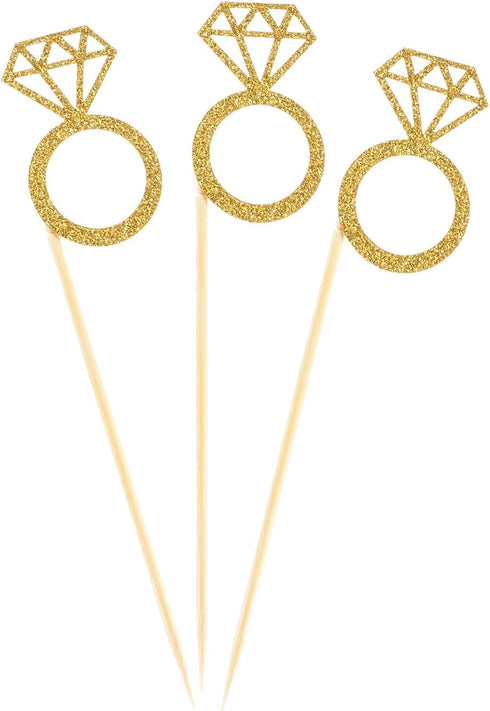 50 Pack Gold Glitter Mini Diamond Ring Cupcake Toppers for Marriage, Engagement, Anniversary, Birthday Party Cake Decor