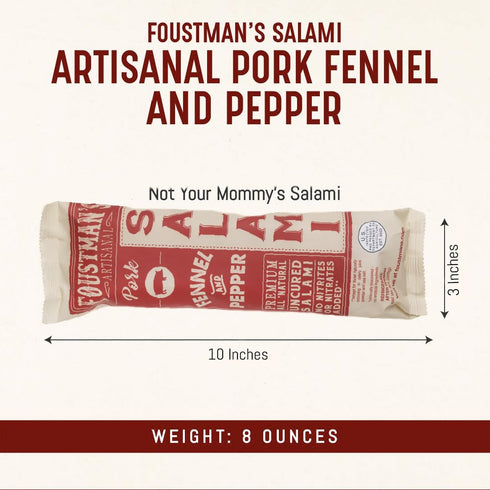 8 Oz Foustman's Salami Fennel and Pepper Pork Artisanal, Nitrate-Free, Naturally Cured, Gluten-Free, Dairy-Free, Sticks