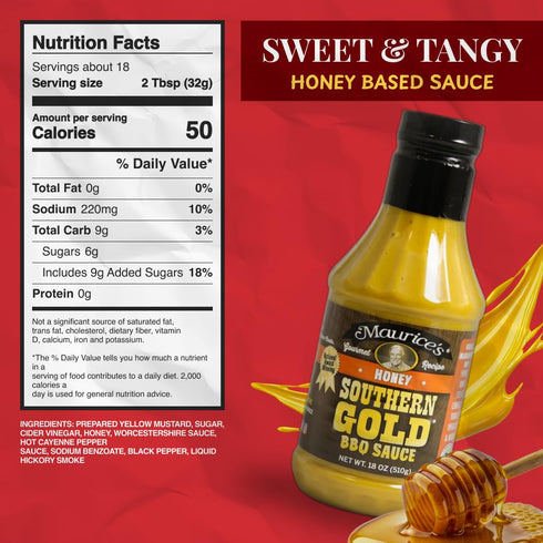 18oz Maurices Southern Gold BBQ Sauce, Honey Flavor Carolina Gold Barbecue Sauce with Sweet Flavor Authentic Carolina