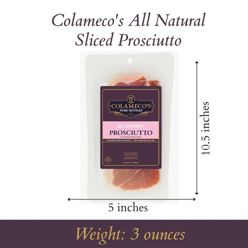 3 oz (Pack 1) Colameco's All Natural Prosciutto, Authentic Italian-Style Uncured Pork, Deli Ham for Charcuterie Board