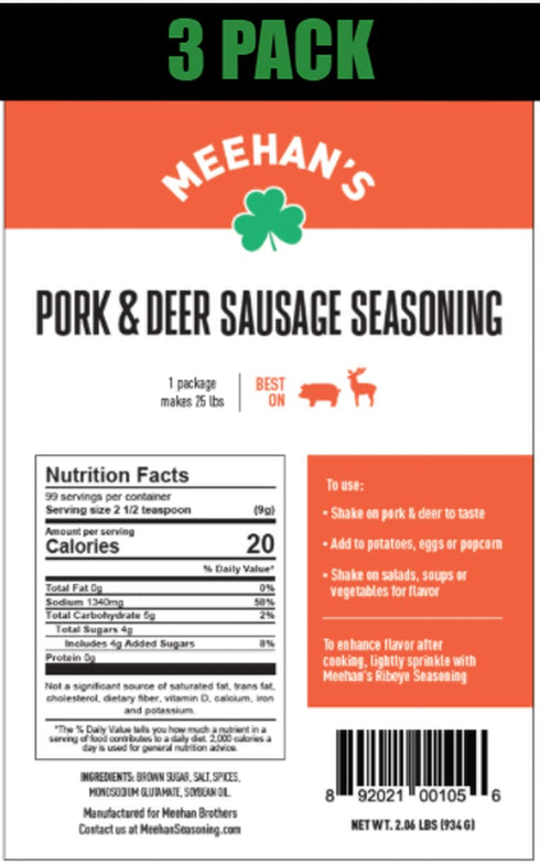 Meehan's Seasoning Meehans Pork & Deer Sausage Seasoning 3 Pack, Makes 75 lbs Total,