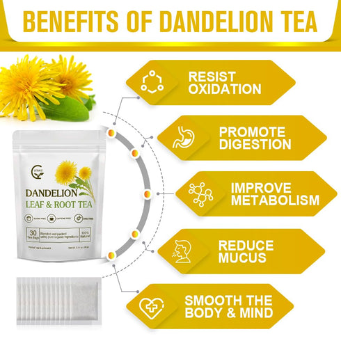 30 Organic Dandelion Leaf & Root Tea, Supports Kidney Function and Healthy Digestion, Caffeine Free, Tea Bags