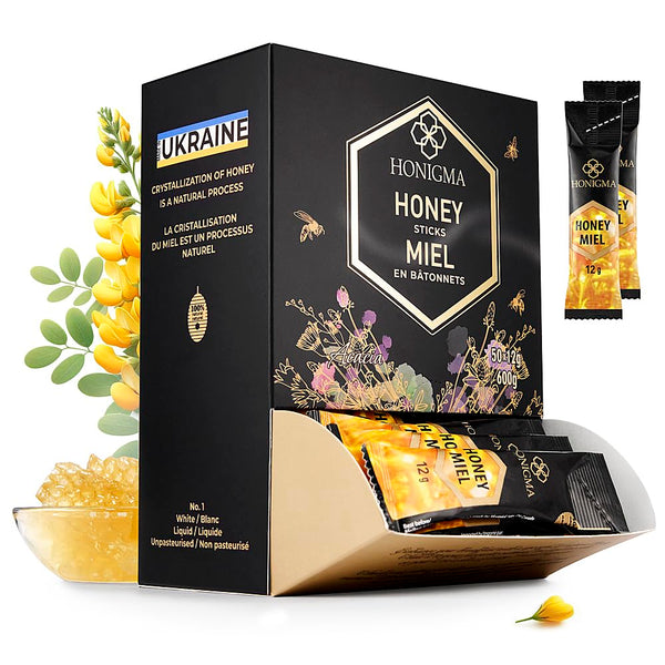HONIGMA Pure Ukrainian Acacia Honey Sticks Deliciously Sweet Sustainably Sourced 50 Count