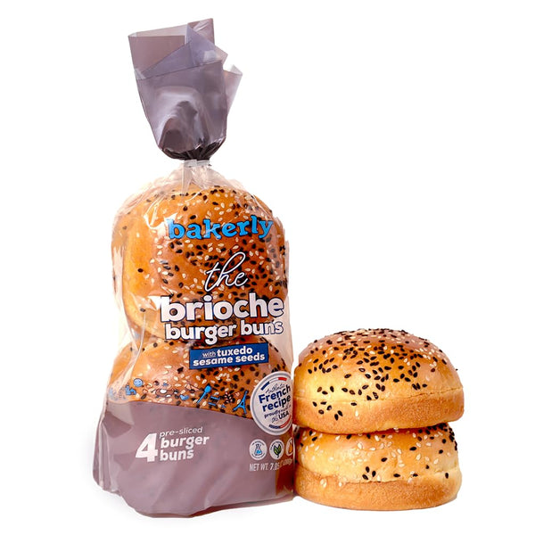 Bakerly, The Brioche Pre-Sliced Burger Buns With Tuxedo Sesame Seeds, Pack of