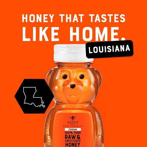 100% 12 oz. Nate's Louisiana Pure, Raw & Unfiltered Honey - Honey Bear Bottle - All-natural Sweetener